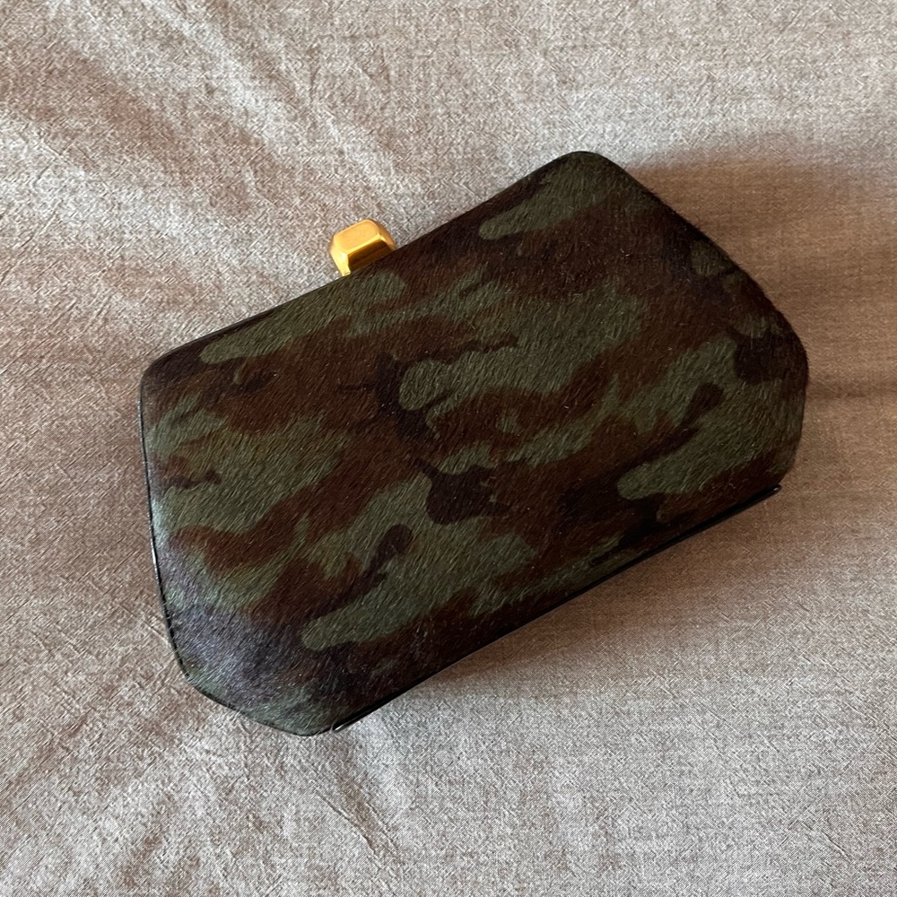 New* Rebecca Minkoff camo pony hair leather structured clutch handbag purse